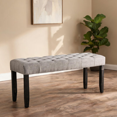 Banc de salle à manger rustique contemporain à 2 places, siège rembourré capitonné avec cadre en bois massif, tissu d'aspect lin gris froid