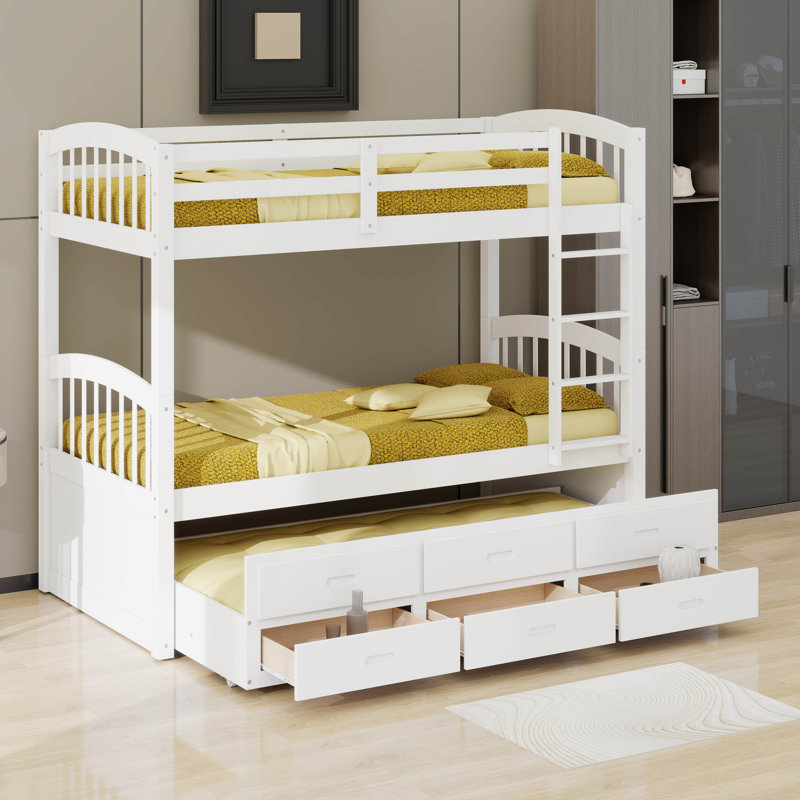Twin Over Twin Bunk Bed With Trundle And 3 Drawers,Solid Wood Bunk Bed With Ladder And Safety Guardrails, White