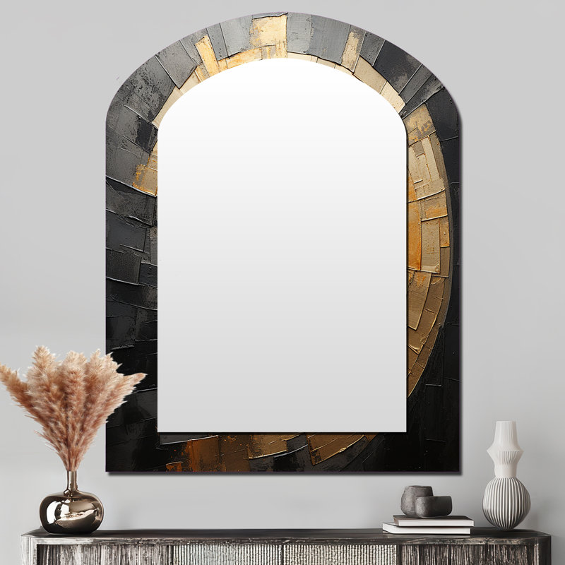 Gold Black Spiral Poteries - Abstract Spirals Arch Decorative Mirror, Modern Asymmetrical Wall Mirror, Printed Metal Art