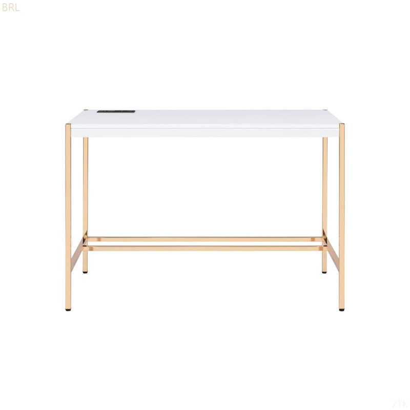 Gold Finish Writing Desk W/USB, White