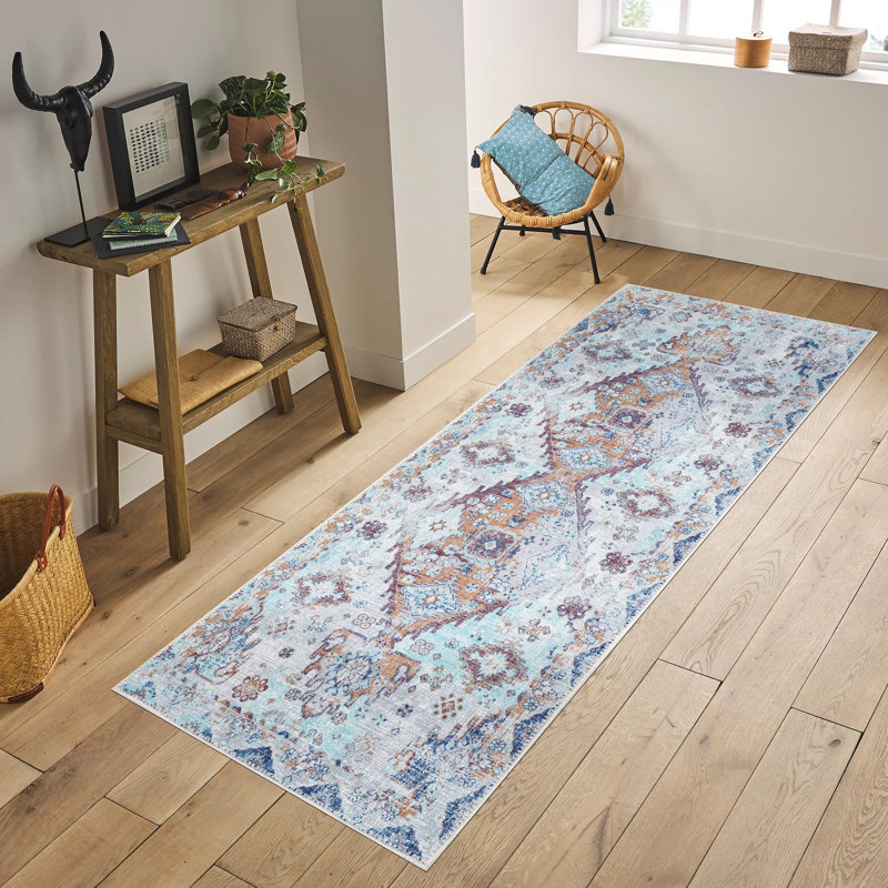 Adiva Blue and Beige Machine Made Runner Rug 2' x 13'