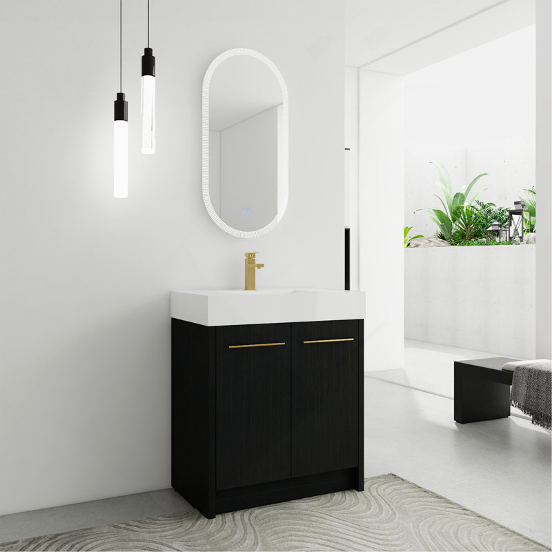 Meuble-lavabo autoportant de 30 pouces avec lavabo en résine, avec porte à fermeture douce, ensemble KD, 30"
