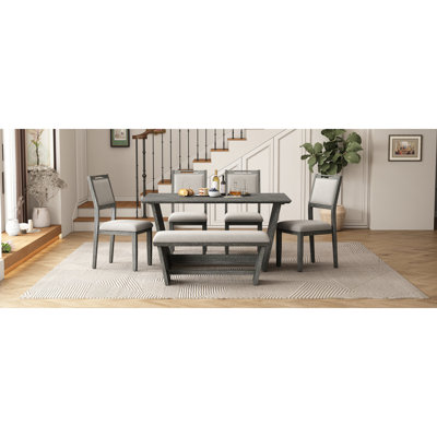 Retro Dining Set, Rectangular Table With Stable Trapezoidal Table Base And Upholstered Chairs And Bench