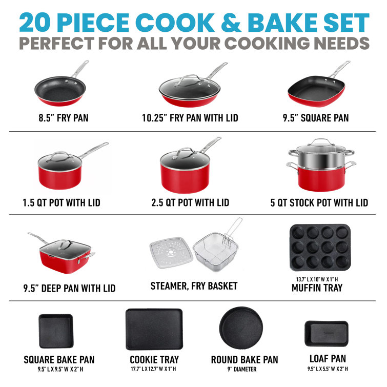 Granitestone 20 Piece Nonstick Cookware and Bakeware Set - Red