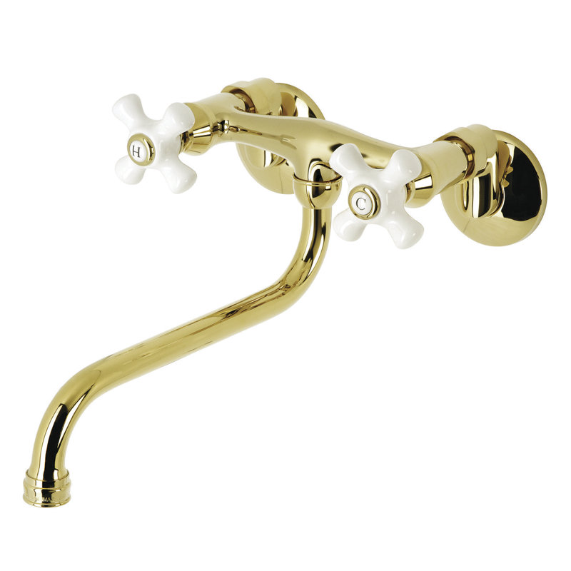 Kingston Brass Kingston Two-Handle 2-Hole Wall Mount Bathroom Faucet, Polished Brass, Cross Handle