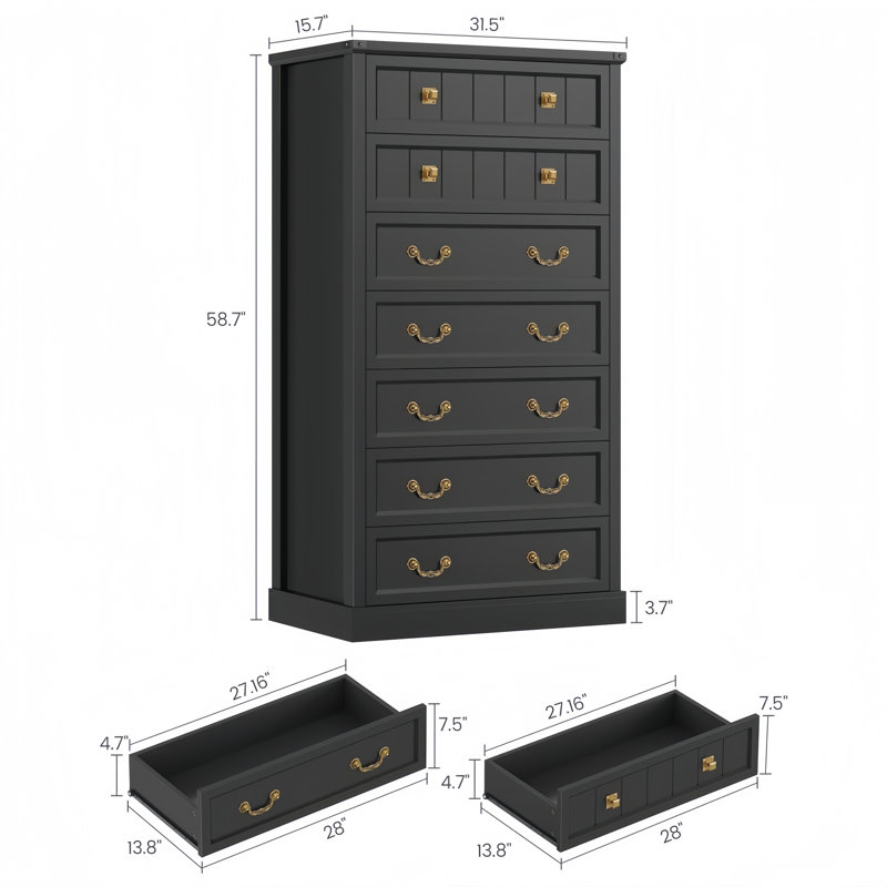 Farmhouse 58.7'' Tall 7 Drawers Dresser for Bedroom Black, Black