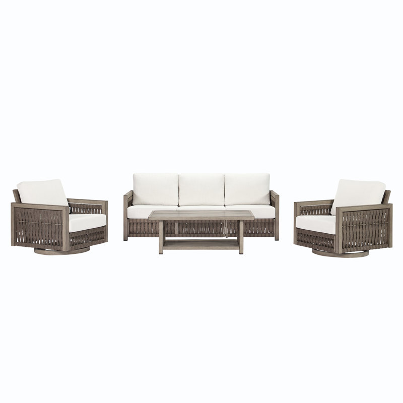 Seehill 4 Pieces Outdoor Furniture Set, Aluminum Swivel Patio Conversation Set With Thick Washable Cushions, Rope Weave Outdoor Sofa Set, Deep Seating Sofa Set For Garden, Pool, Porch, Gray Oak