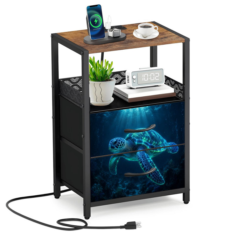 Table de chevet avec 2 tiroirs en tissu et station de charge Neon Glowing Turtle