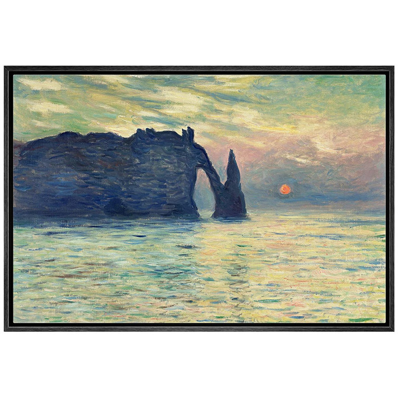 Claude Monet, la falaise, Étretat, coucher de soleil - Peinture sur toile, Noir, L 16 po x H 24 po