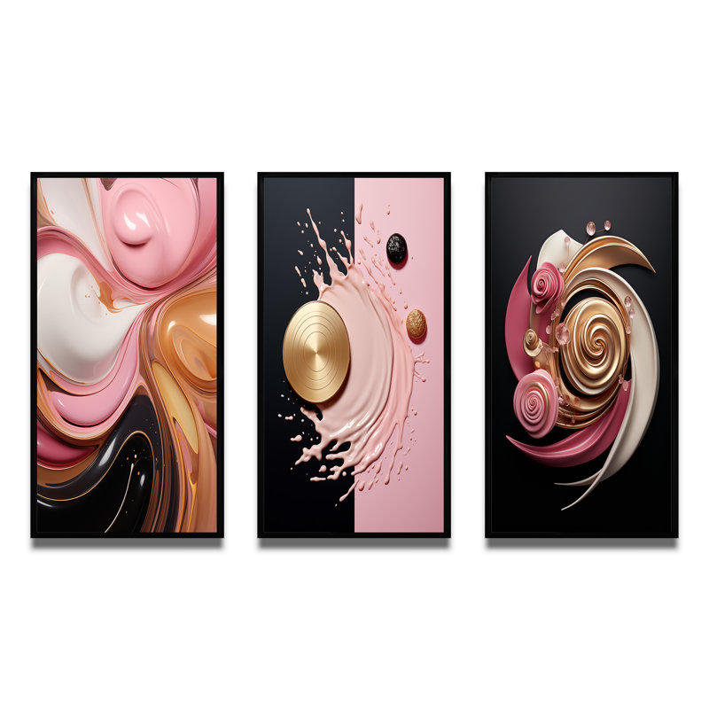 3 pièces sur toile - Retro Glam, art liquide minimal, rose, blanc, noir I, Cadre flottant noir, H 20 po x l 36 po
