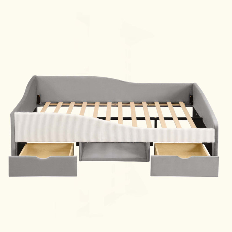 Structure de lit de jour rembourrée avec 2 tiroirs de rangement, Full, Gris