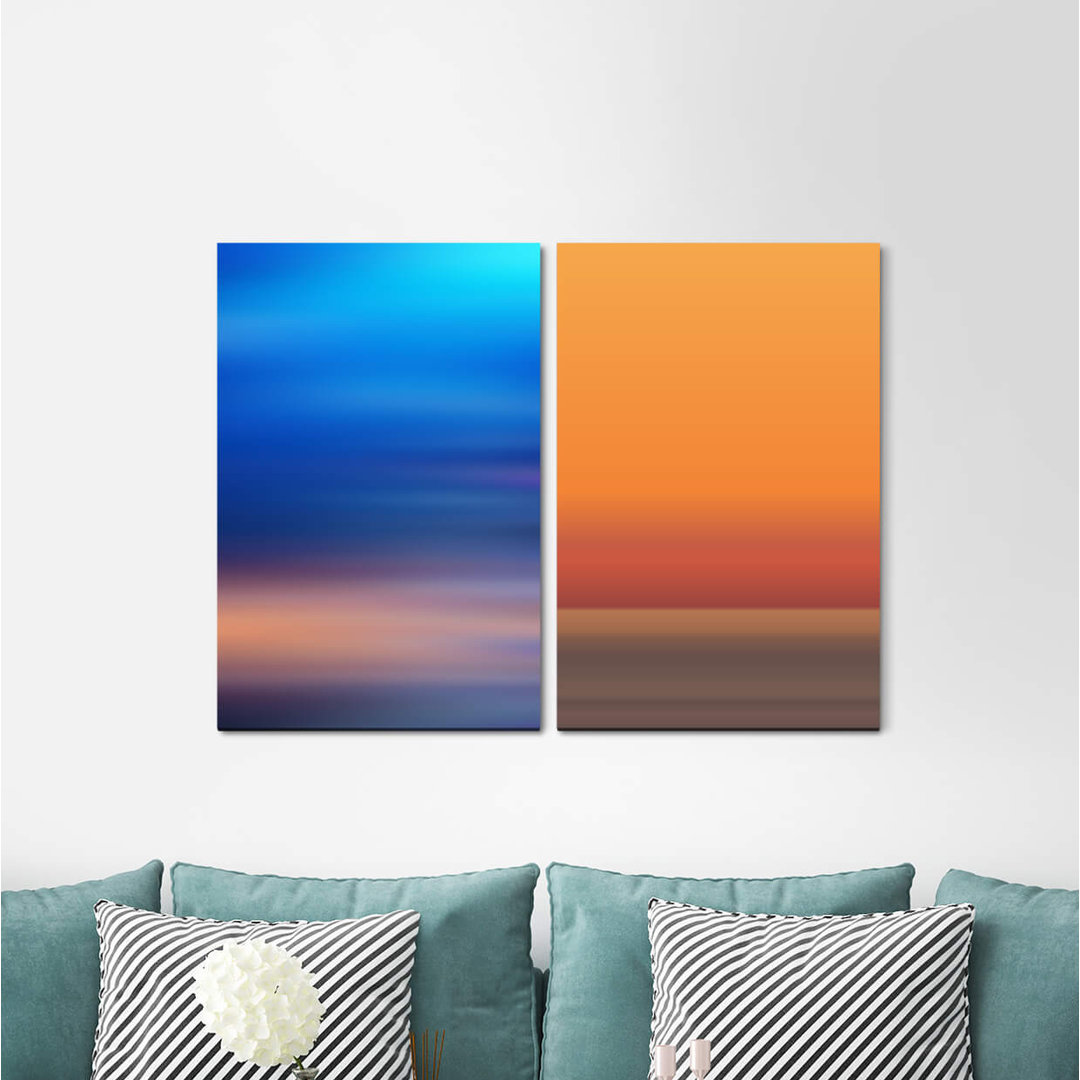 2-tlg. Leinwandbilder-Set - Grafikdruck „Minimal Horizon Blue Orange Harmonious Soothing Gentle”