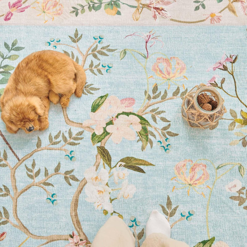 Tapis floral chinois rétro antidérapant, Bleu / Rose, Rectangle 5 pi x 7 pi