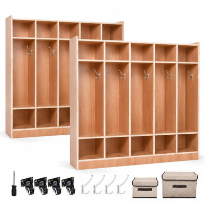 Casier à 5 sections pour enfants avec 10 casiers - unité de rangement à roulettes, 5 crochets, 2 boîtes de rangement - zone d'étude durable et organisateur de garderie, contreplaqué, finition émaillée (5 grandes grilles, 10 petites grilles)