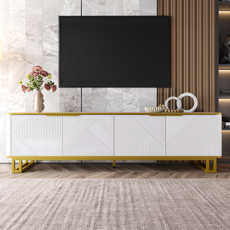 TV Cabinet with Four Doors, Gold Geometric Texture, Cable Holes, Metal Frame, White