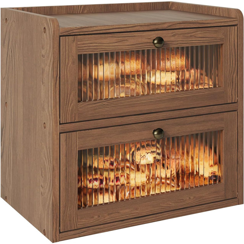 Double Layer Large Bread Box For Kitchen Counter, Wooden Corner Bread Storage Container With Acrylic Window, Retro Brown