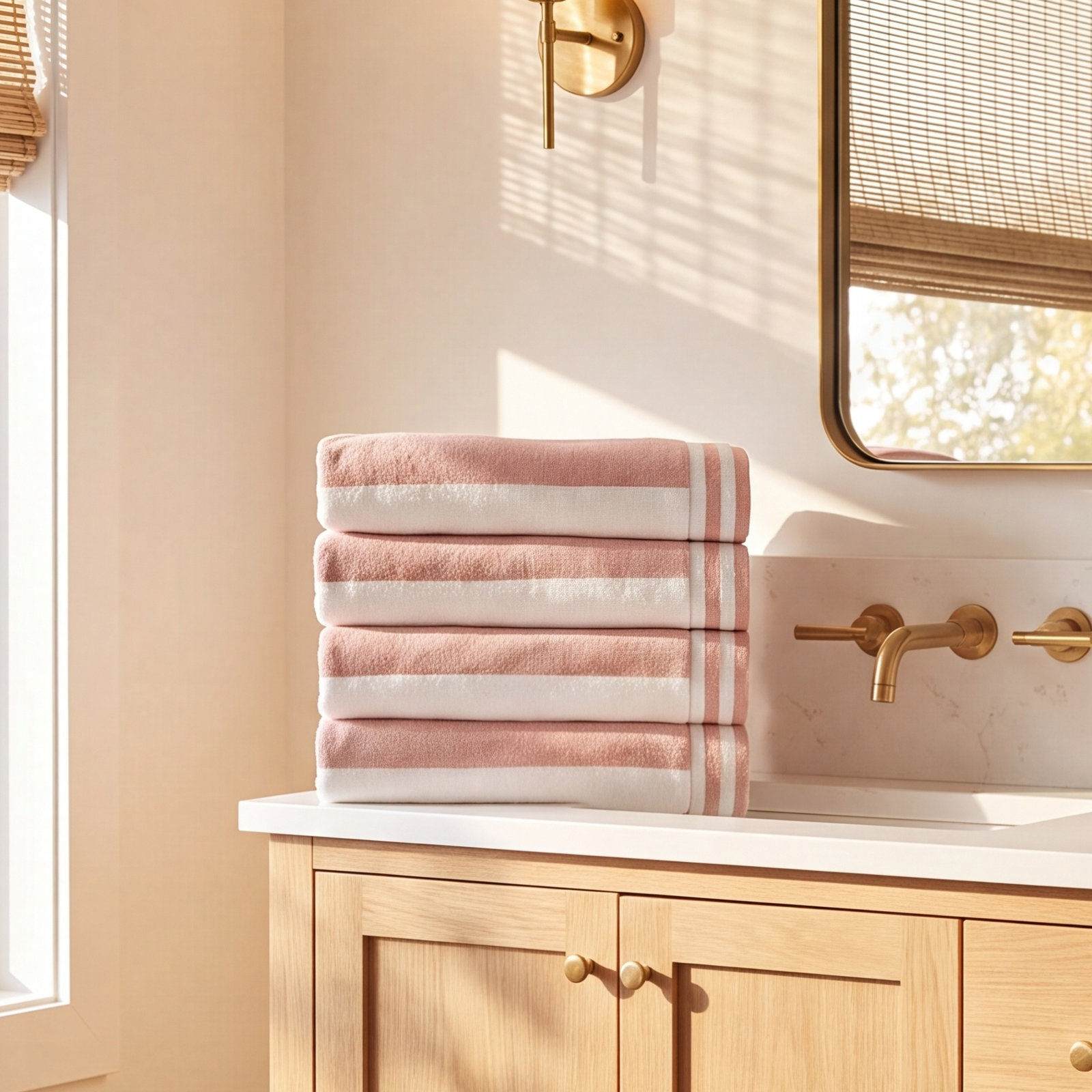 4-Piece Cotton Beach Towel Set, Dusty Rose / White