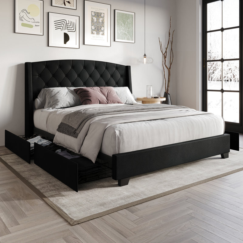 Laksha Upholstered Wingback Storage Bed, Queen, Black
