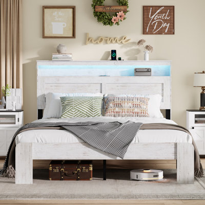 Wooden Farmhouse Bed Frame，Platform Bed Frame With Storage Headboard ，LED Light And Charging Station，White，Queen Size
