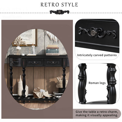 Console rétro incurvée, console demi-lune en bois massif de 52 po avec 4 tiroirs et 1 tablette ouverte pour le salon, le vestibule, le couloir, noir