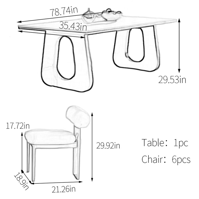 Sintered stone unique dining table set, 29.53"H x 78.74"L x 35.43"W