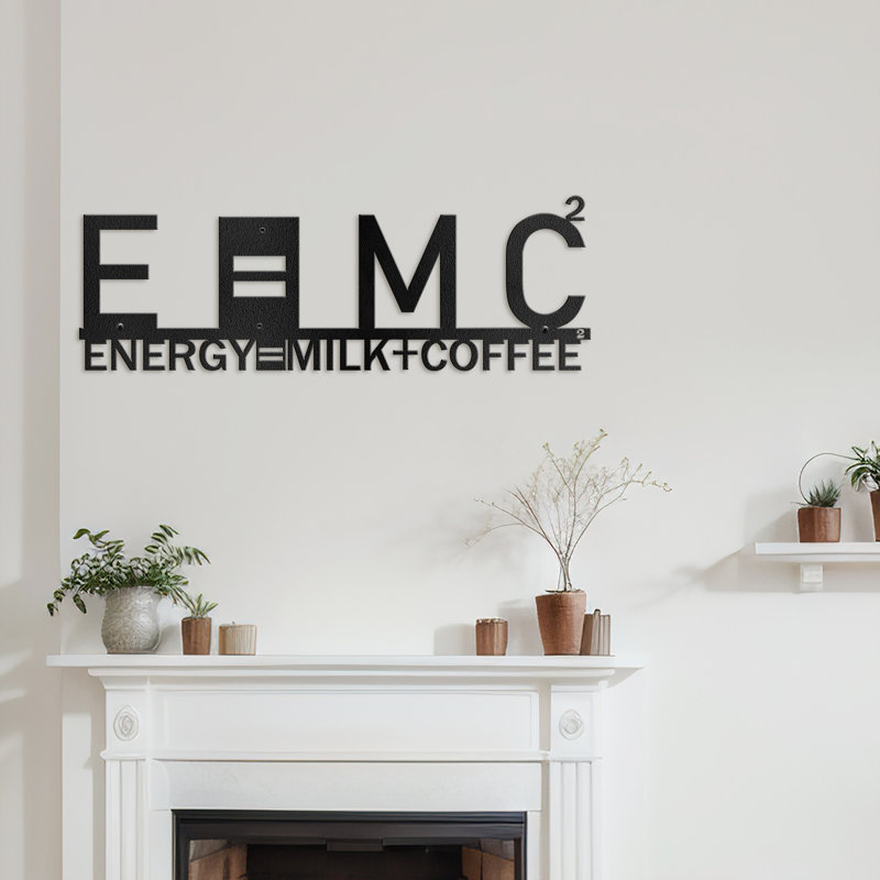 E = MC² Energy Milk Coffee Décoration murale abstraite moderne décoration en métal, Noir, H 6 po x l 20 po x P 0,05 po