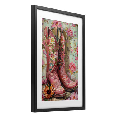 Rose bottes rose Cowgirl, reproduction encadrée sous verre, design par LSR Design Studio