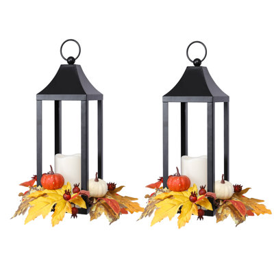 2 Pack Autumn Harvest Led Candle Lanterns,metal Lantern With Removable Fall Foliage, Pumpkins & Berries–festive Metal Lanterns For Porch,yard,thanksgiving Decor