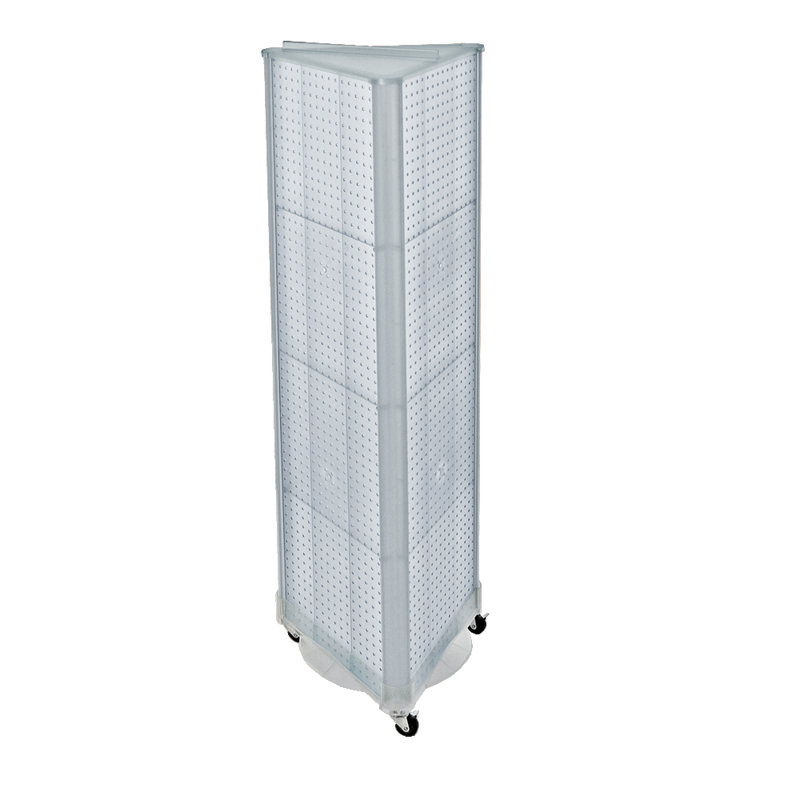 Présentoir de plancher en panneau perforé à trois côtés sur base pivotante. Support à roulettes. Taille du panneau: l 16 po x H 60 po