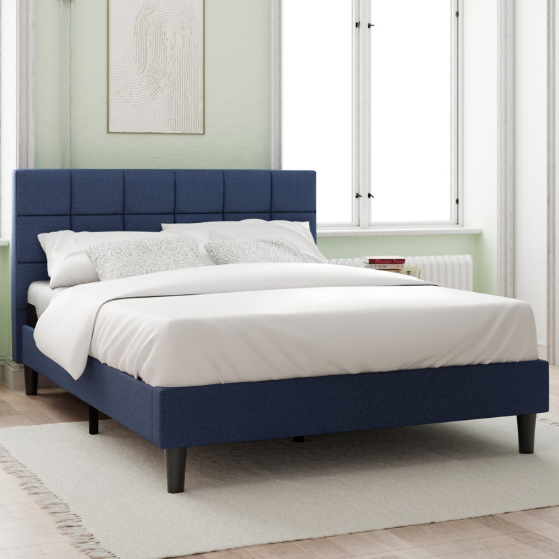Lit plateforme tapissier Suhavi, Double, Bleu marine