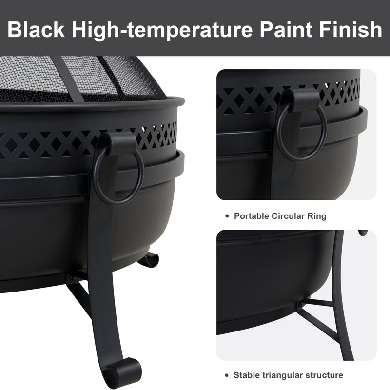 40" Round Wood-Burning Black Finish Steel Fire Pit with Spark Screen, 25.4" H x 40,5" W x 40.5" D