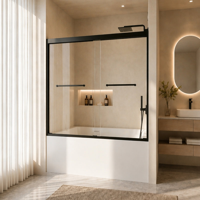 Porte de baignoire double coulissante à cadre en aluminium Aron, Matte Black