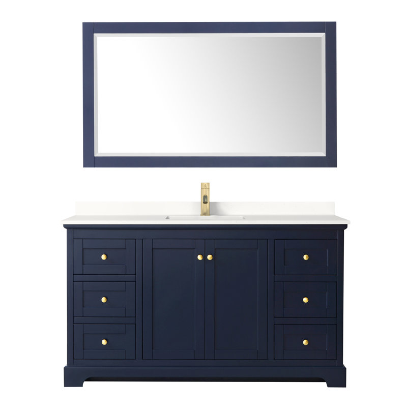 Meuble-lavabo sur pied simple avec plateau Avery, Quartz blanc, Bleu foncé, Or brossé