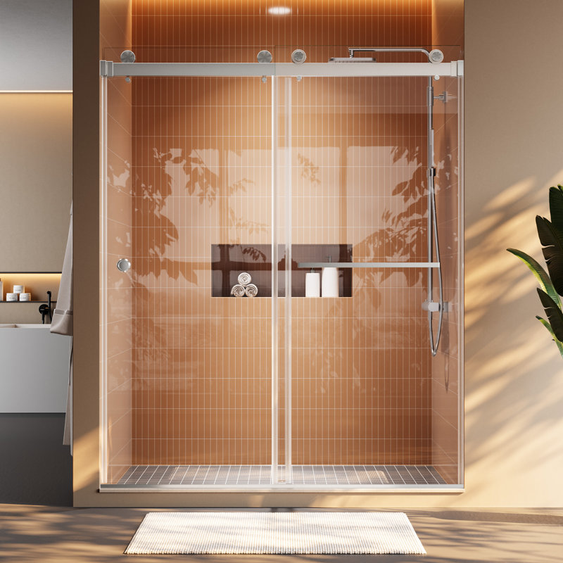 Porte de douche coulissante double sans cadre l 55 à 59 po x H 72 po | Verre trempé à onde lumineuse certifiée 8mm mm par la CCGM | Installation réversible | Quincaillerie en acier inoxydable nickel brossé