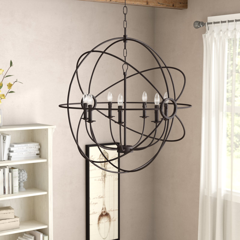Lustre en forme de globe à 7 lumières de style bougie Padilla, Rustique / Noir