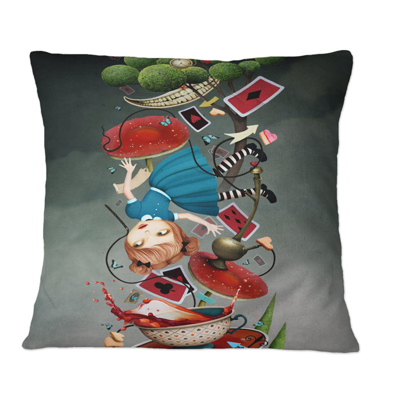 Alice au pays des merveilles tombant dans le trou du lapin - Coussin décoratif pour enfants, 16 po x 16 po