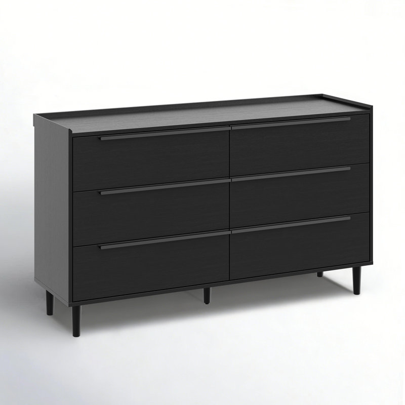  54" W Double Dresser with 6 Drawers,Modern Black Drawer Storage Organizer, Black