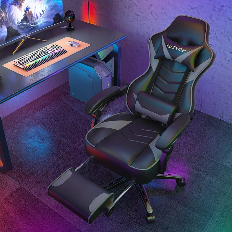 Metro Lane Adjustable Reclining Ergonomic Swiveling PC & Racing Game Chair with Footrest, Grey/Black