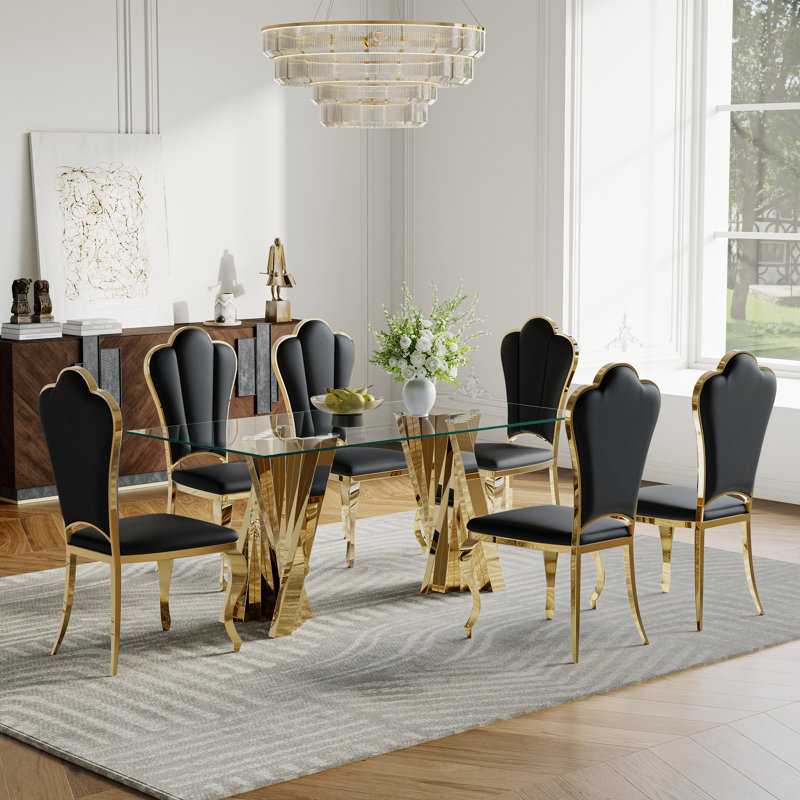 Ensemble de salle à manger 7 pièces 7 pièces - Table de salle à manger en verre 70 po avec base en acier inoxydable et 6 chaises en similicuir