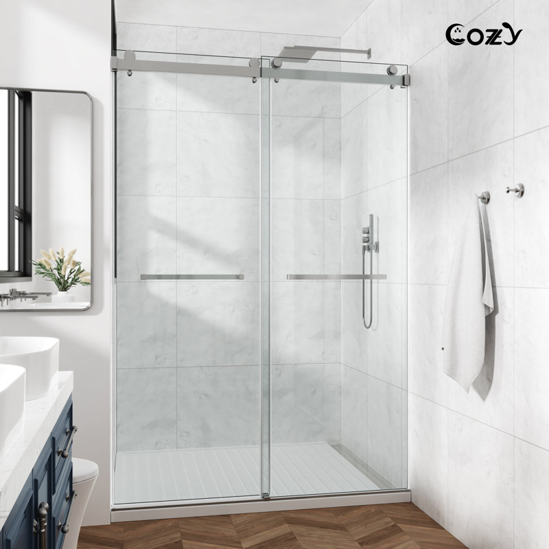 56-61" W x 72" H Frameless Double Sliding Shower Door with 3/8" (10mm) Clear Tempered Glass, Shatter-Resistant Film & Installation Hole Locator