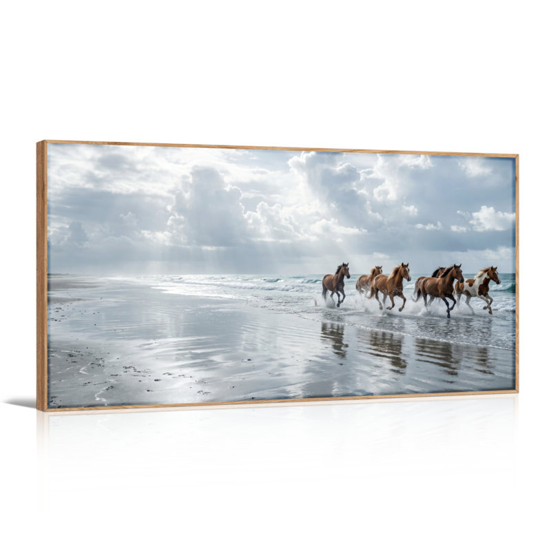 Ensemble de 1 tableau sur toile représentant des chevaux à la plage, L 40 po x H 20 po, Natural