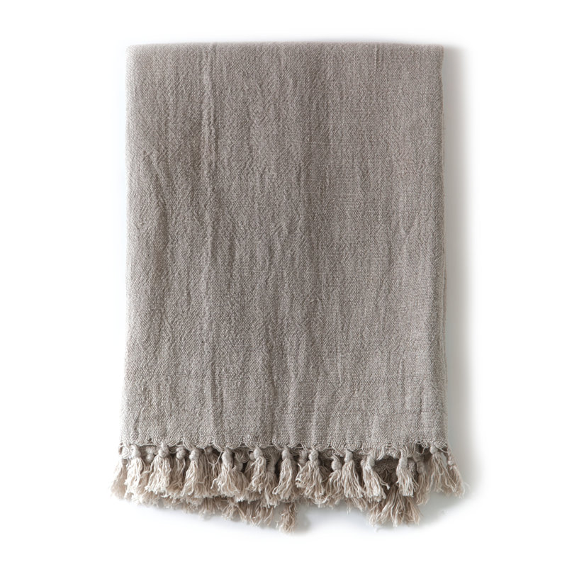 Indigo Montauk King-Size Heavy Linen Throw Blanket with Knotted Fray Edges