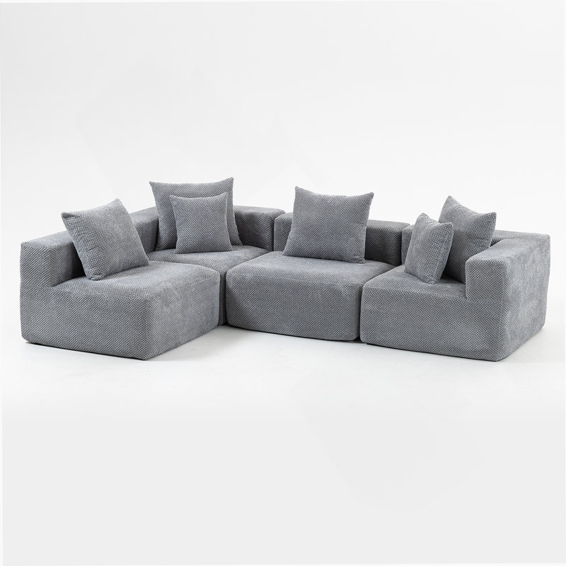 Boneless Modular Sectional For Living Room, Full-Foam Build, Textured Light Green Upholstery, Compact Compressed Package, Simple Assembly, Overall 111"X74"X24", 37" Module Size-Light Green
