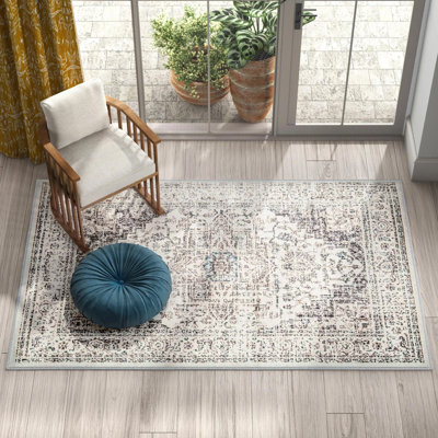 Ethelinde Power Loom Performance Oriental Medallion Cream Rug