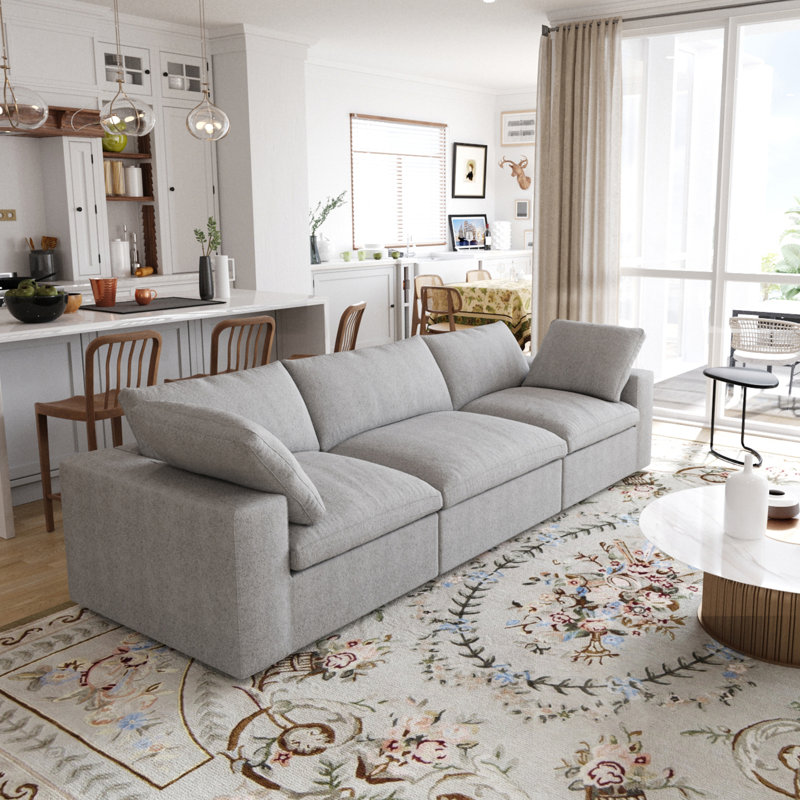 Kenda Nedek Upholstered Modern Linen Slipcovered Sectional, 33.47" H x 120.45" W x 39.3"D, 3, Light Gray