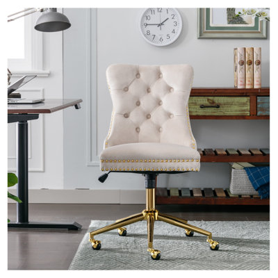 Chaise de bureau, fauteuil de bureau capitonné beige en velours capitonné avec base en métal doré, chaise de bureau pivotante réglable