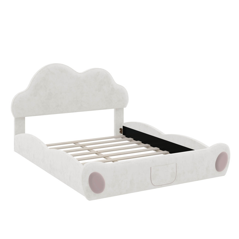 Grand lit plateforme tapissier avec tête de lit et poche arrondie, Beige