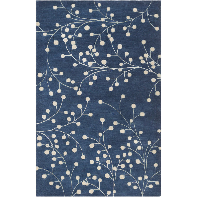 Elsberry Hand Tufted Wool Floral Indoor Rug, Navy , Rectangle 5' x 8'