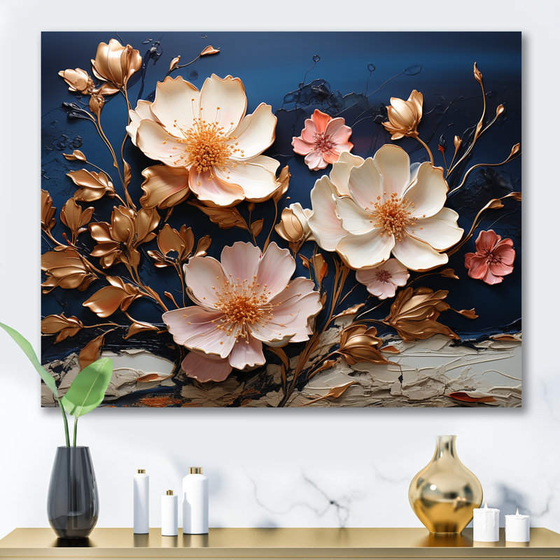 Fleurs blanches et bleues coquelicots I - art mural floral abstrait, Toile tendue, H 34 po x l 44 po x P 1,5 po