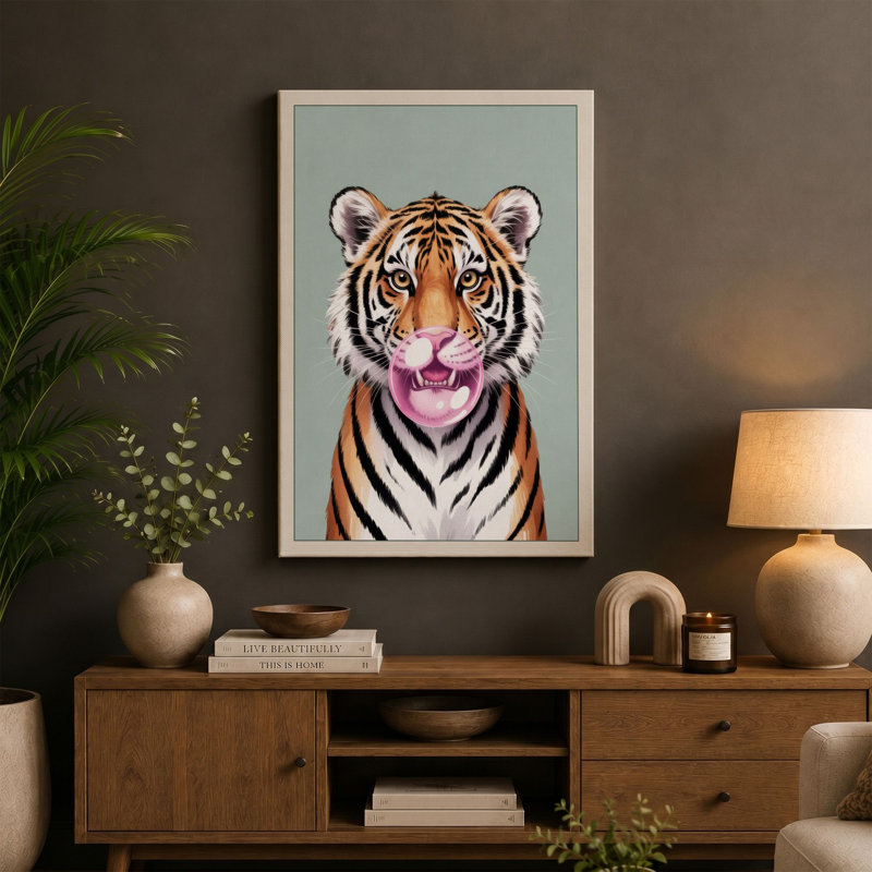 Tiger's Playful Gaze Modern - Print, 30x20 - 76.2 x 50.8 cm, Taupe Border